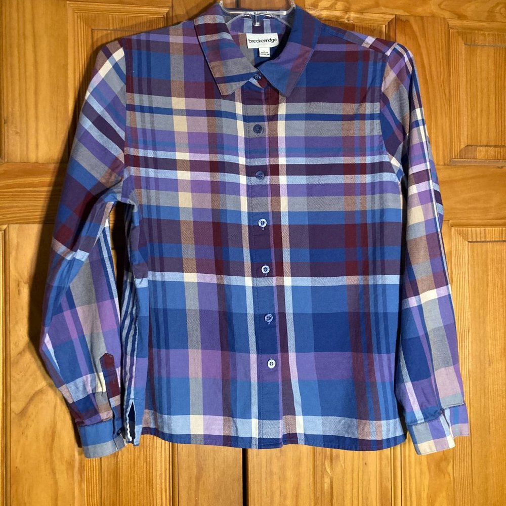 NWOT Breckenridge Vintage 90s Top Long Sleeve Blouse Blue Plaid Purple L Large